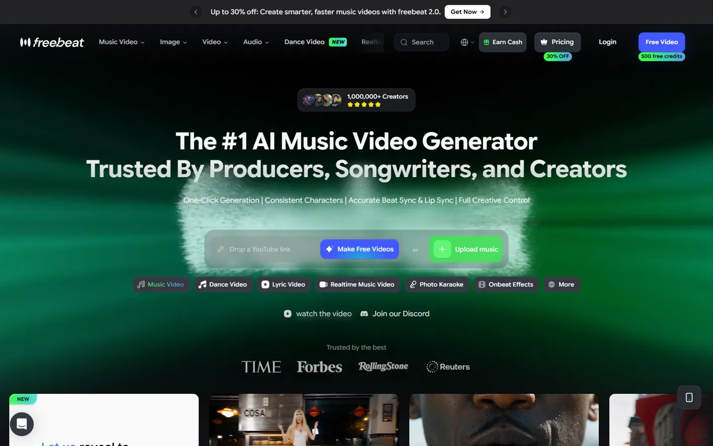 Freebeat.ai homepage — the AI music video generator with one-click generation from YouTube or uploaded music