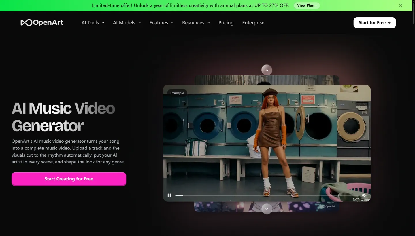 OpenArt AI music video generator — upload a track and the visuals cut to the rhythm automatically