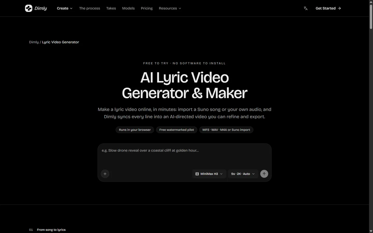 Dimly AI Lyric Video Generator — import a Suno song or your own audio and Dimly syncs every line into an AI-directed video you can refine and export